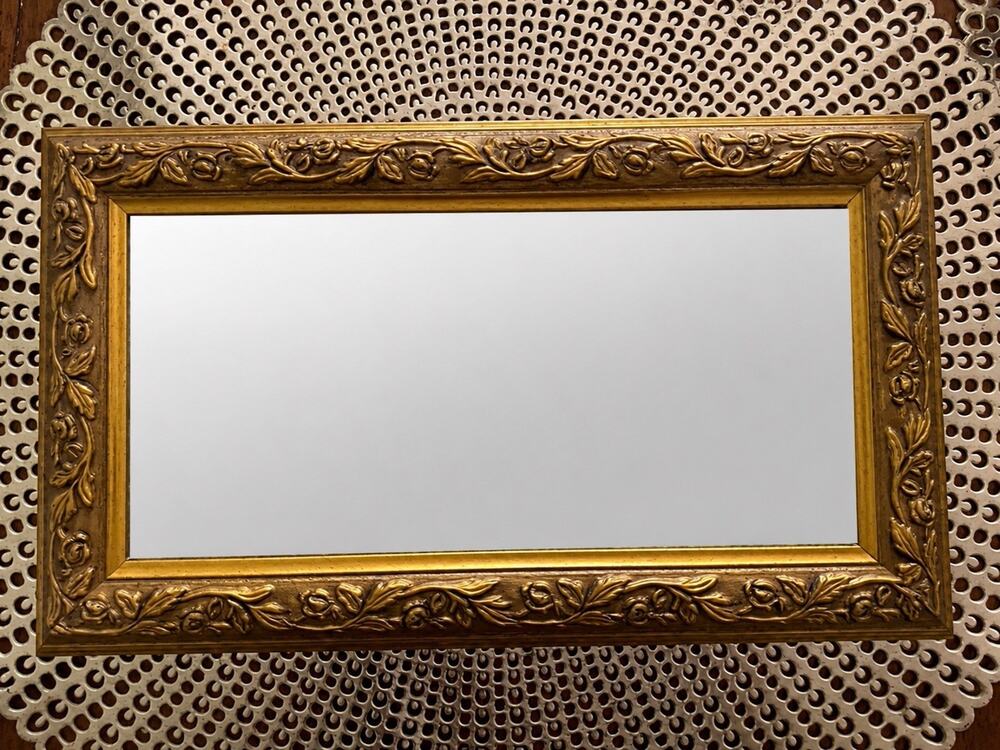 Ornate Gold Framed Wall Mirror Floral Rose Carved Victorian Vintage USA 11x6.5”